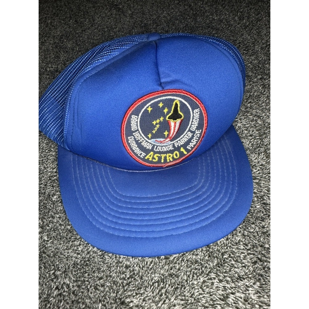 Vintage Unique NASA Astro 1 Space Shuttle Trucker Hat Blue Mesh Snapback Patch
